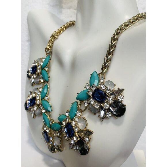 Vintage faux Turquoise aurora borealis Rhinestone Gold Chain Necklace 20” - Picture 8 of 12